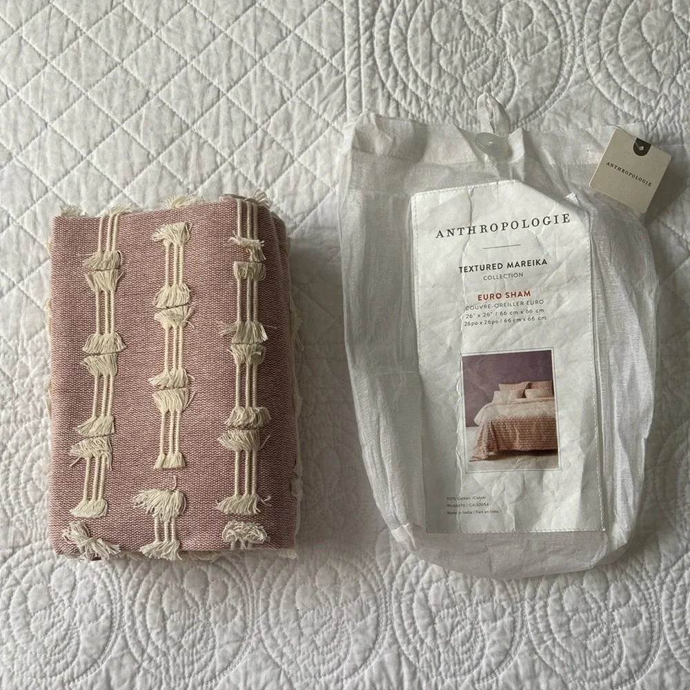 Anthropologie Mareika Textured Euro Sham Pillow Cover Blush Pink Cream N…